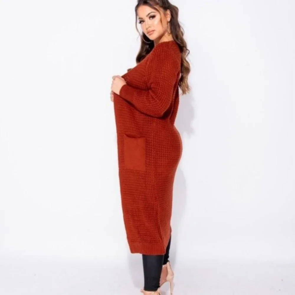Knitted Long Sleeve Open Front Long Maxi Cardigan Sweater Duster - Picture 5 of 9